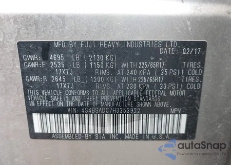 2017 Subaru Outback 2.5I Premium from USA, damaged, VIN 4S4BSADC7H3353922